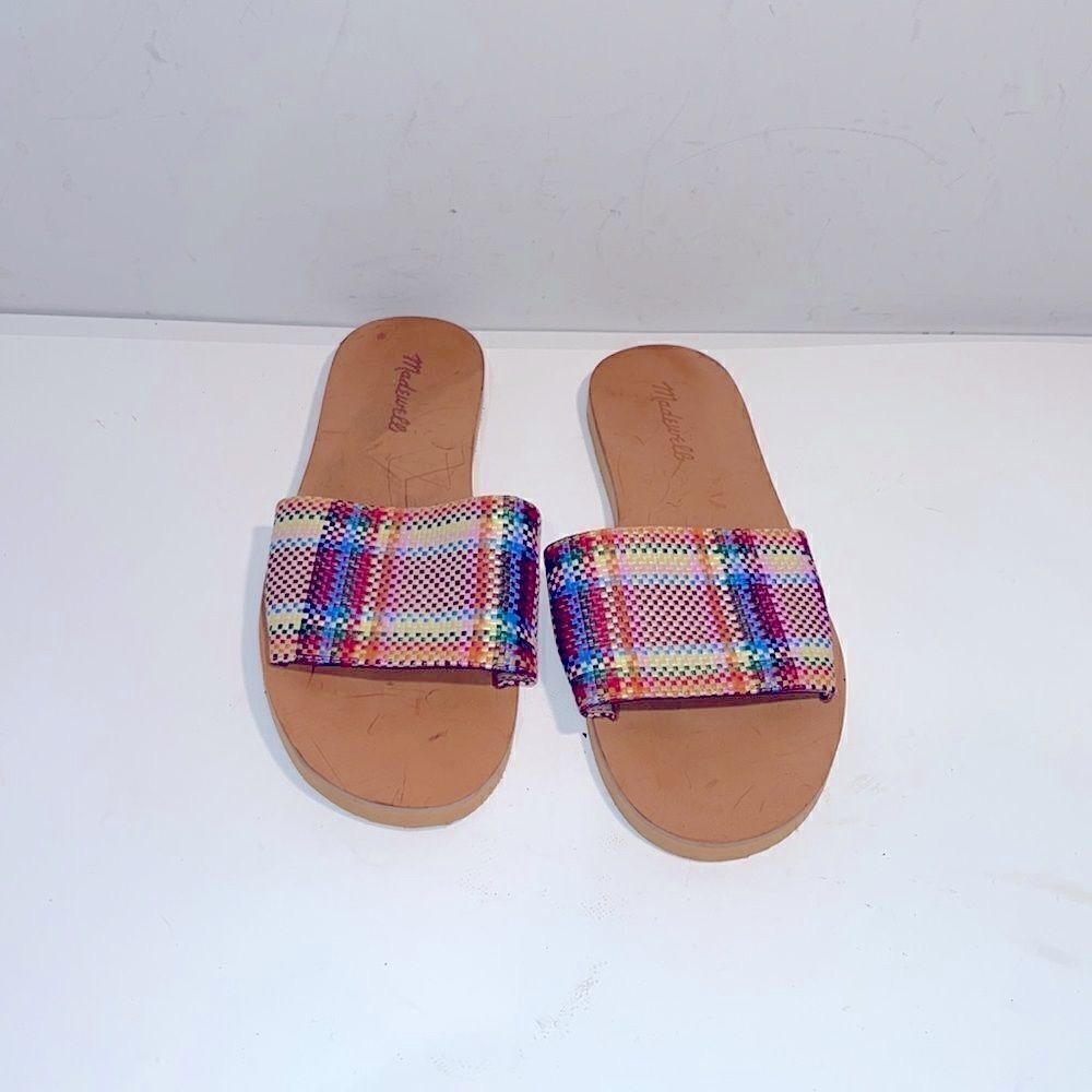 Madewell fabric & leather plaid print flip flops